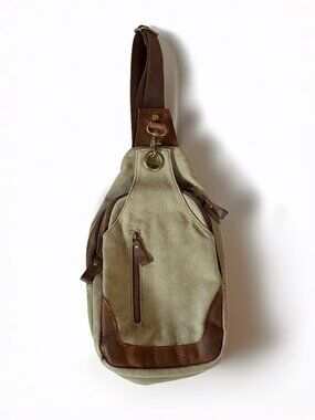 ACACIA Beige Canvas & Brown Leather Messenger Travel Satchel Crossbody Sling Bag